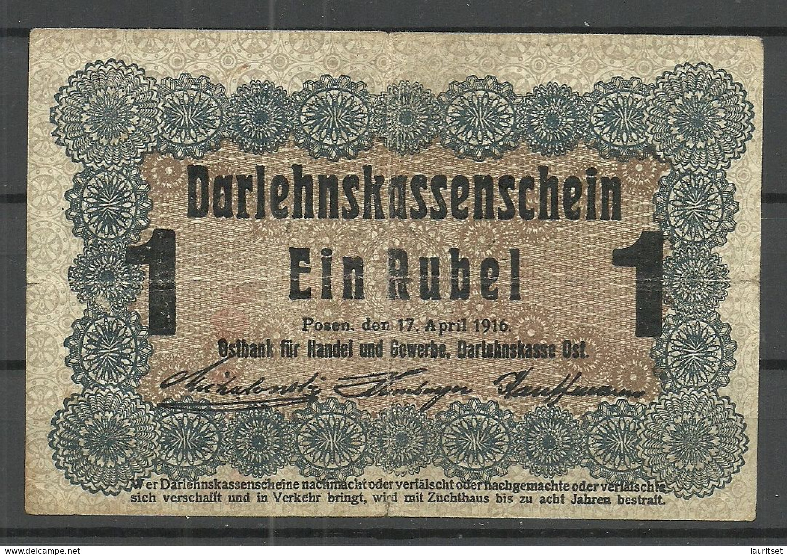 Germany WWI Occupation RUSSLAND RUSSIA DARLEHNSKASSENSCHEIN POSEN 1 RUBEL 17.4.1916 - 1° Guerre Mondiale