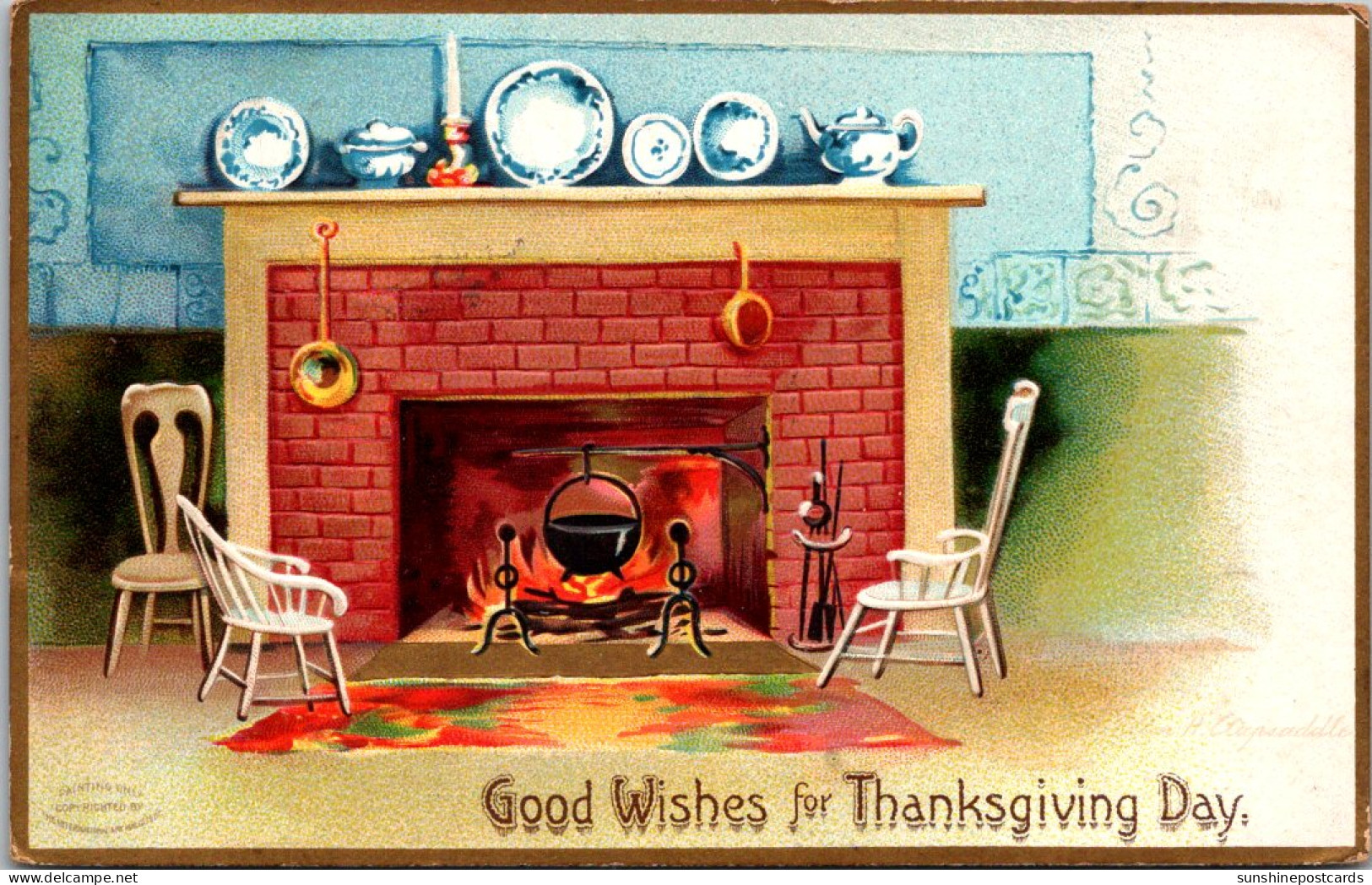 Thanksgiving Good Wishes With Fireplace Setting Clapsaddle 1907 - Thanksgiving