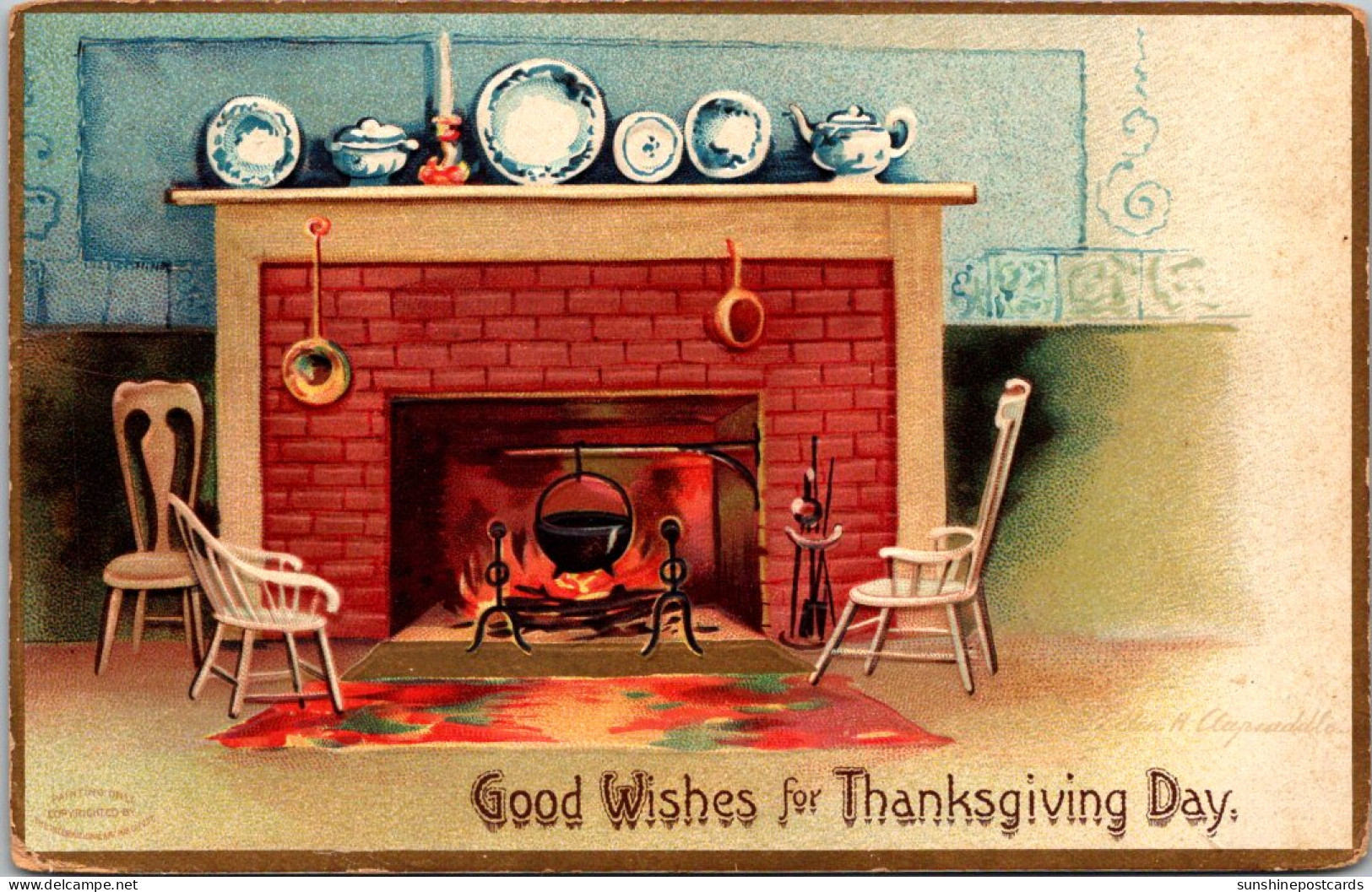 Thanksgiving Good Wishes With Fireplace Setting 1909 - Thanksgiving