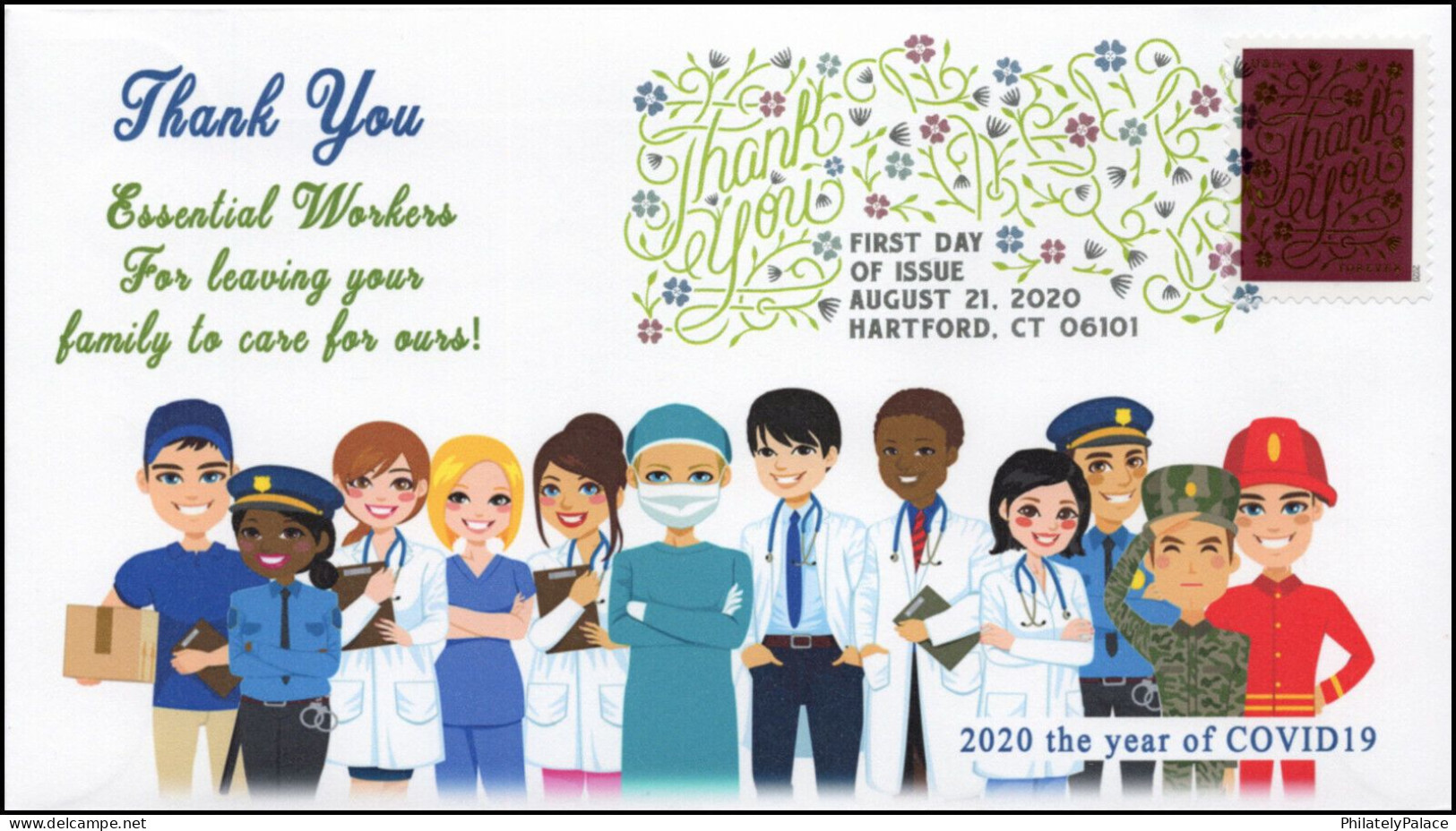 USA 2020 COVID-19, Coronavirus, Doctor,Nurse, Police, Army,Fire Fighter, Delivery Man,Mask "Thank You" Event Cover (**) - Briefe U. Dokumente