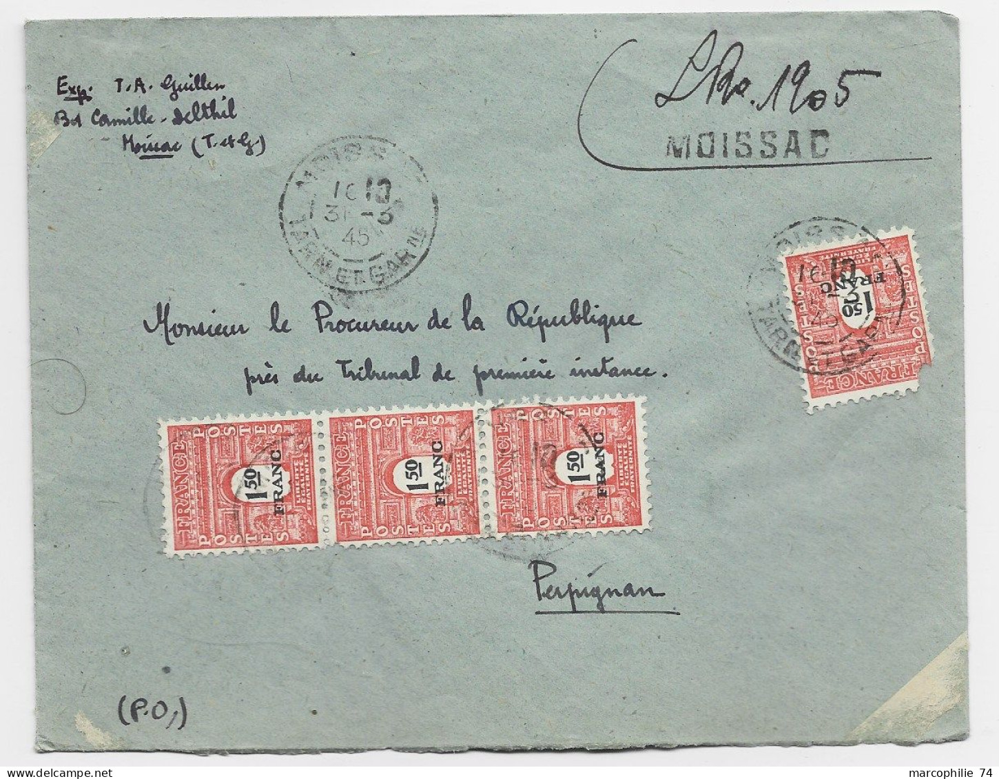 FRANCE ARC TRIOMPHE 1FR50X4 1 DEFECTUEUX LETTRE COVER REC PROVISOIRE MOISSAC 31.3.45 TARN ET GARne AU TARIF - 1944-45 Arc Of Triomphe