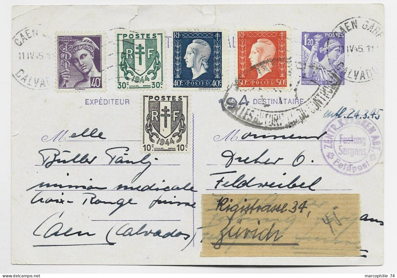 FRANCE CHAINE 10C+30C+ MERCURE DULAC SUR ENTIER 1FR20 IRIS CP CAEN 1945 POUR HELVETIA SUISSE + ZENTR FESTUNG SARGANS - Postmarks