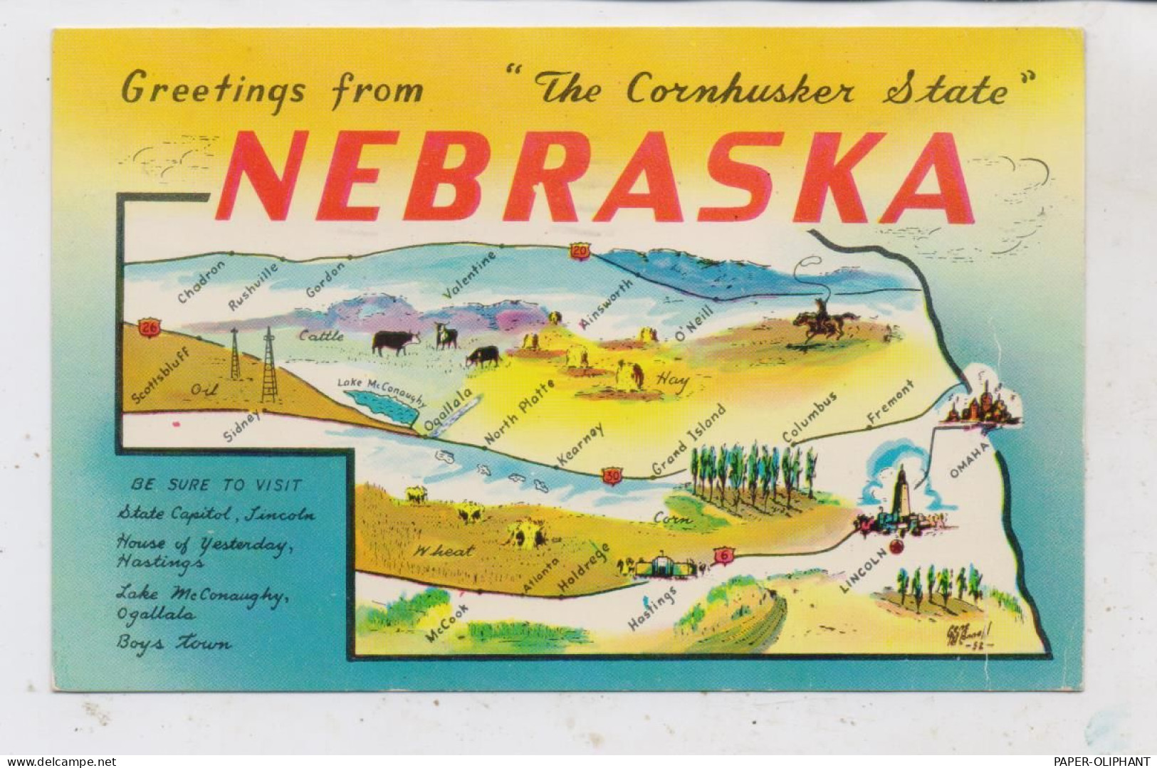 USA - NEBRASKA, Greetings From "The Cornhushes State", Map - Landkarte, 1956 - Sonstige & Ohne Zuordnung