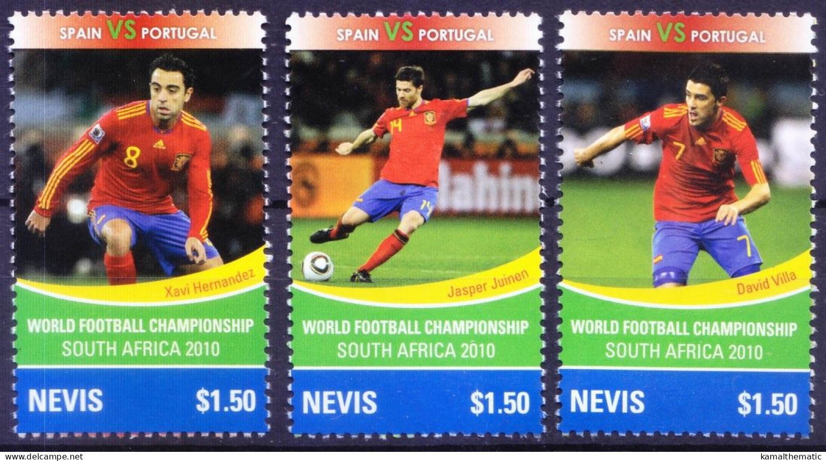 Nevis 2010 MNH, 2010 FIFA WC, Spain Soccer Players Xavi, Juinen, Villa, Sports - 2010 – Zuid-Afrika