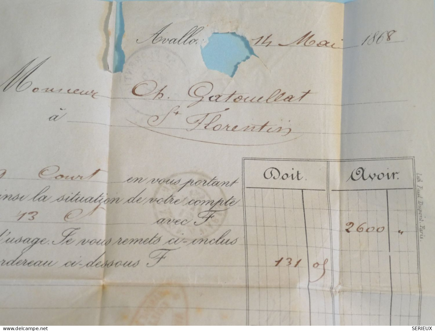 BT7  FRANCE BELLE LETTRE 1868 AVALLON A  ST FLORENTIN + NAPOLEON N° 29 +GC 256 + AFF. INTERESSANT++ - 1863-1870 Napoléon III Lauré