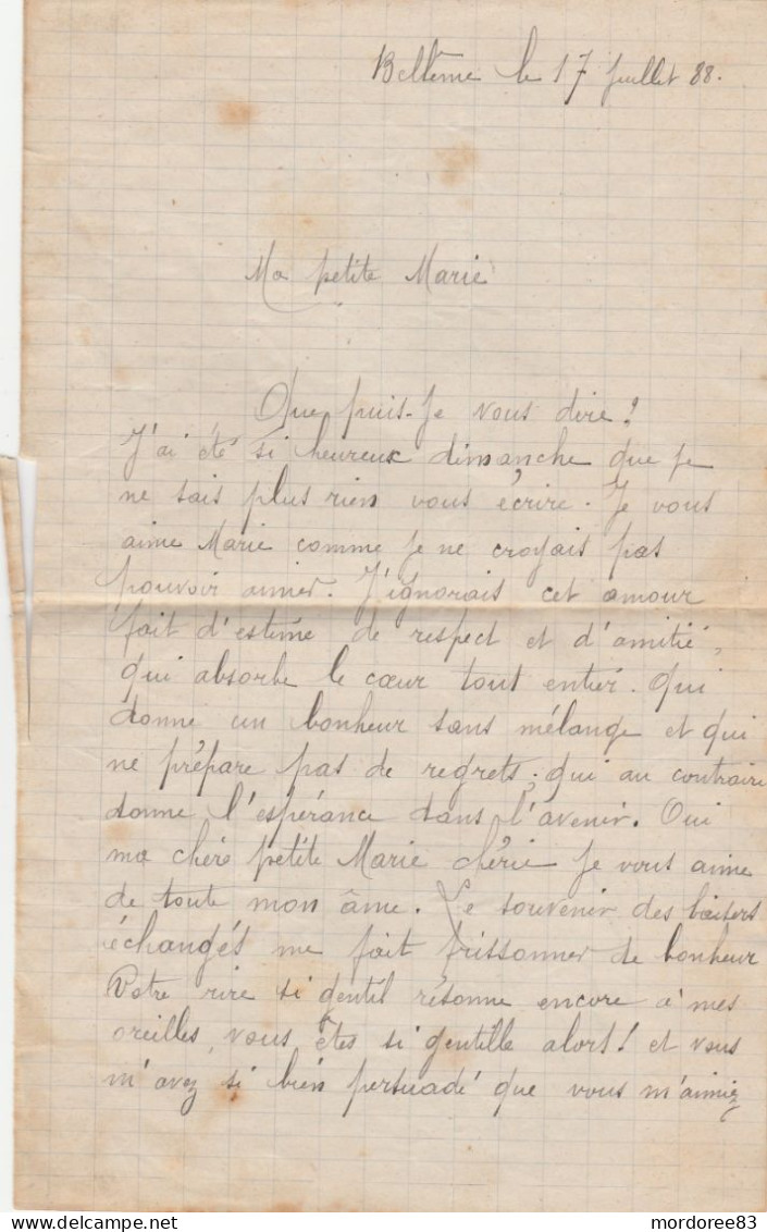 UNE JOLIE LETTRE D'AMOUR (4 Pages) D'UN FUTUR EPOUX A SA PROMISE BELLEME ORNE 17/7/1888 - Manuscrits