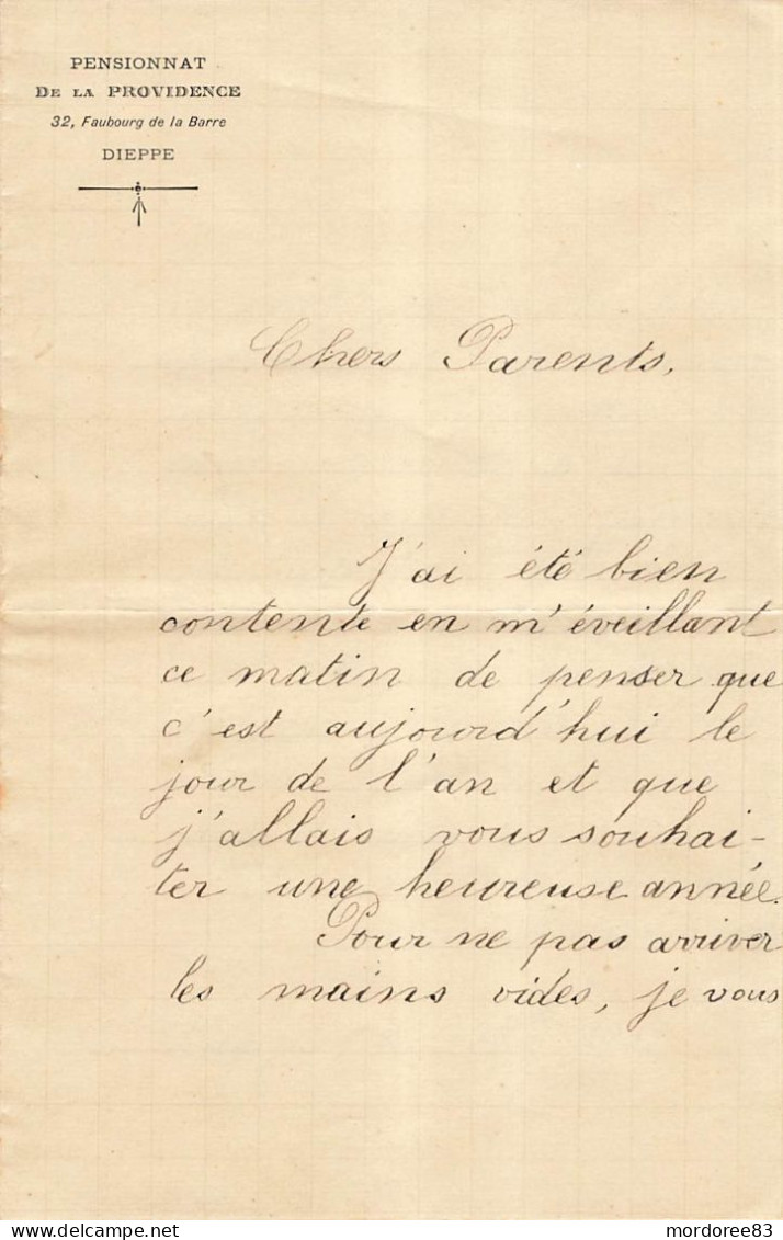 PENSIONNAT DE LA PROVIDENCE DIEPPE LETTRE DE VOEUX BONNE ANNEE 1903 - Manuscrits