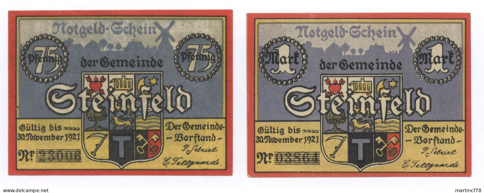 Notgeld Gemeinde Steinfeld 1921 75 Pf + 1 Mark - Collections