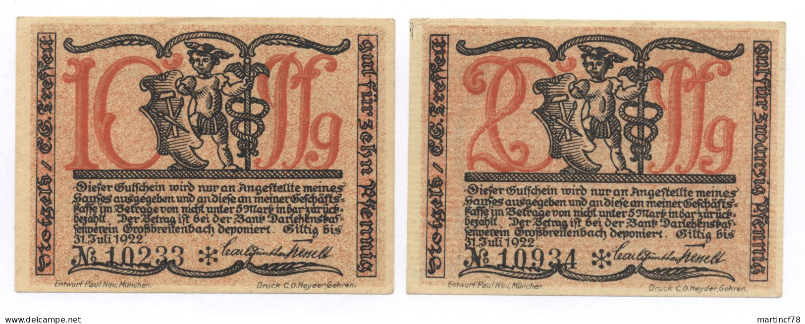 Notgeld Seriennotgeld Fa. Carl Günther Treffelt Großbreitenbach In Thüringen 10 + 20 Pfg. - Collections