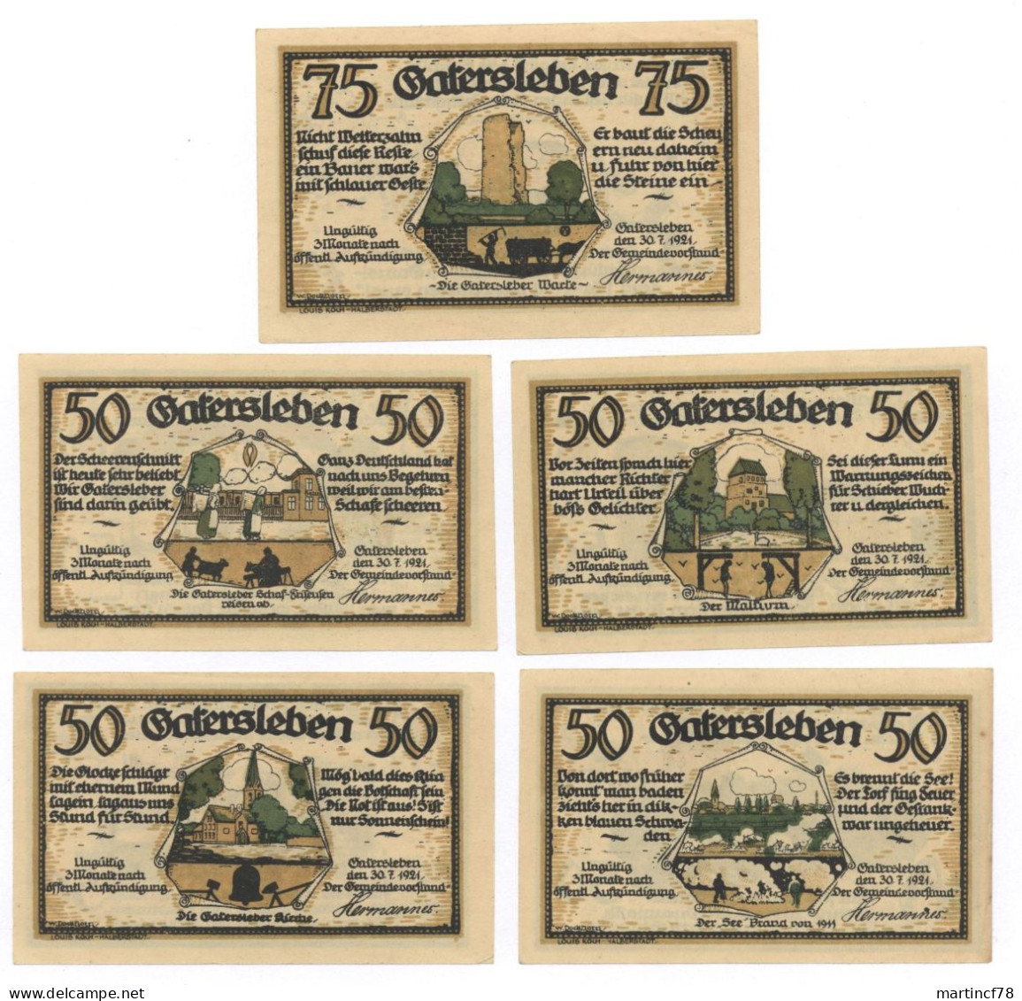 Notgeld Seriennotgeld Gatersleben 1921 4x 50 + 1x 75 Pfg. Max U. Moritz - Sammlungen