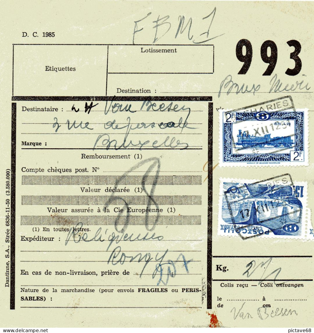 BELGIQUE / BORDEREAU D'EXPEDITION DE COLIS POSTAUX DES CHEMINS DE FER DE 1951 - Other & Unclassified