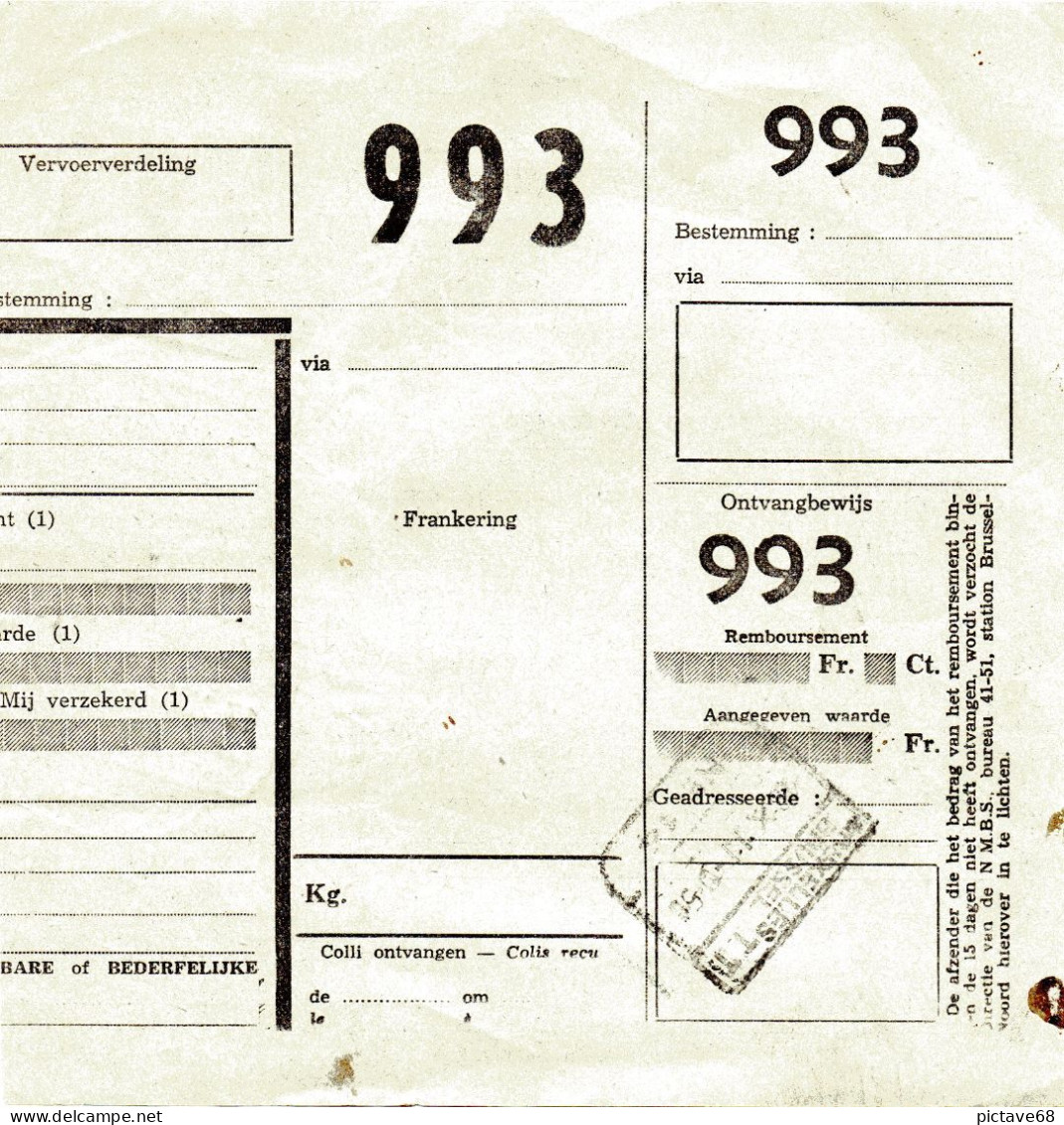 BELGIQUE / BORDEREAU D'EXPEDITION DE COLIS POSTAUX DES CHEMINS DE FER DE 1951 - Other & Unclassified