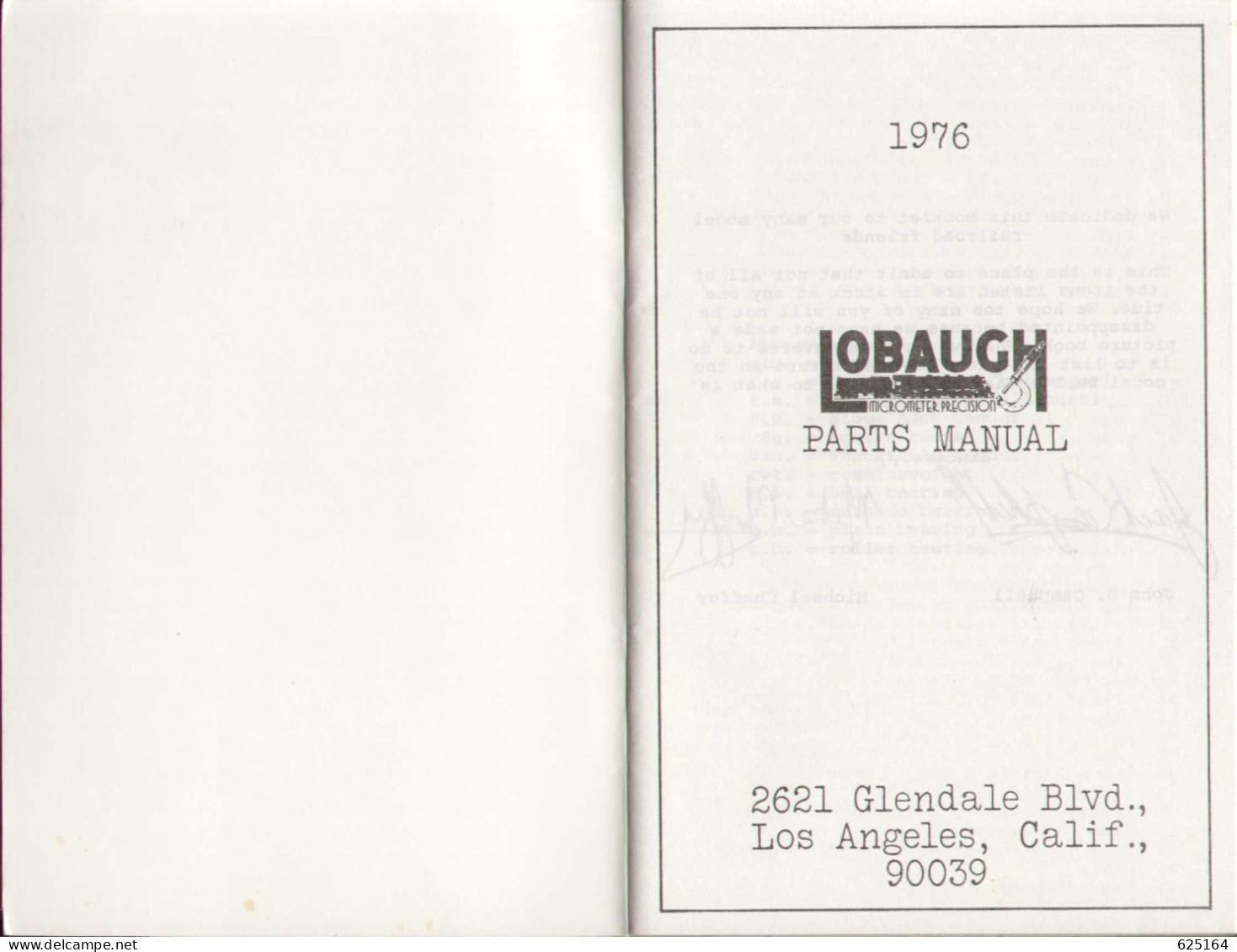 Catalogue LOBAUGH SCALE MODELS 1976 Parts Manual  O Gauge 1:48 - Inglés