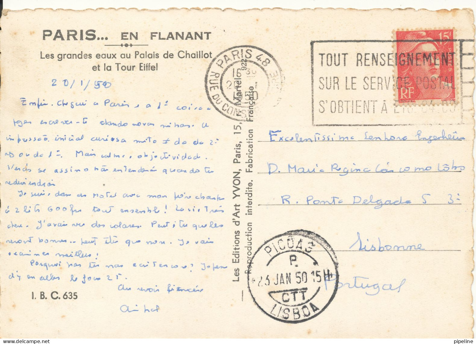 France Postcard Sent To Portugal Paris 20-1-1950 La Tour Eifel - Tour Eiffel