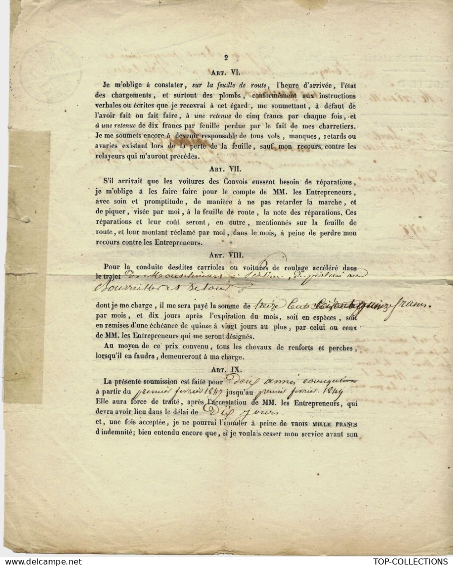 1847 CONTRAT Sign. ROULAGE ACCELERE TRANSPORT VOITURE A CHEVAUX De Montélimar  4 PAGES ETAT CORRECT REPARATION SCOTCH - 1800 – 1899