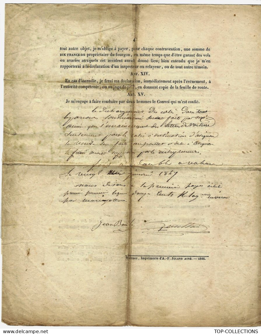 1847 CONTRAT sign. ROULAGE ACCELERE TRANSPORT VOITURE A CHEVAUX de Montélimar  4 PAGES ETAT CORRECT REPARATION SCOTCH