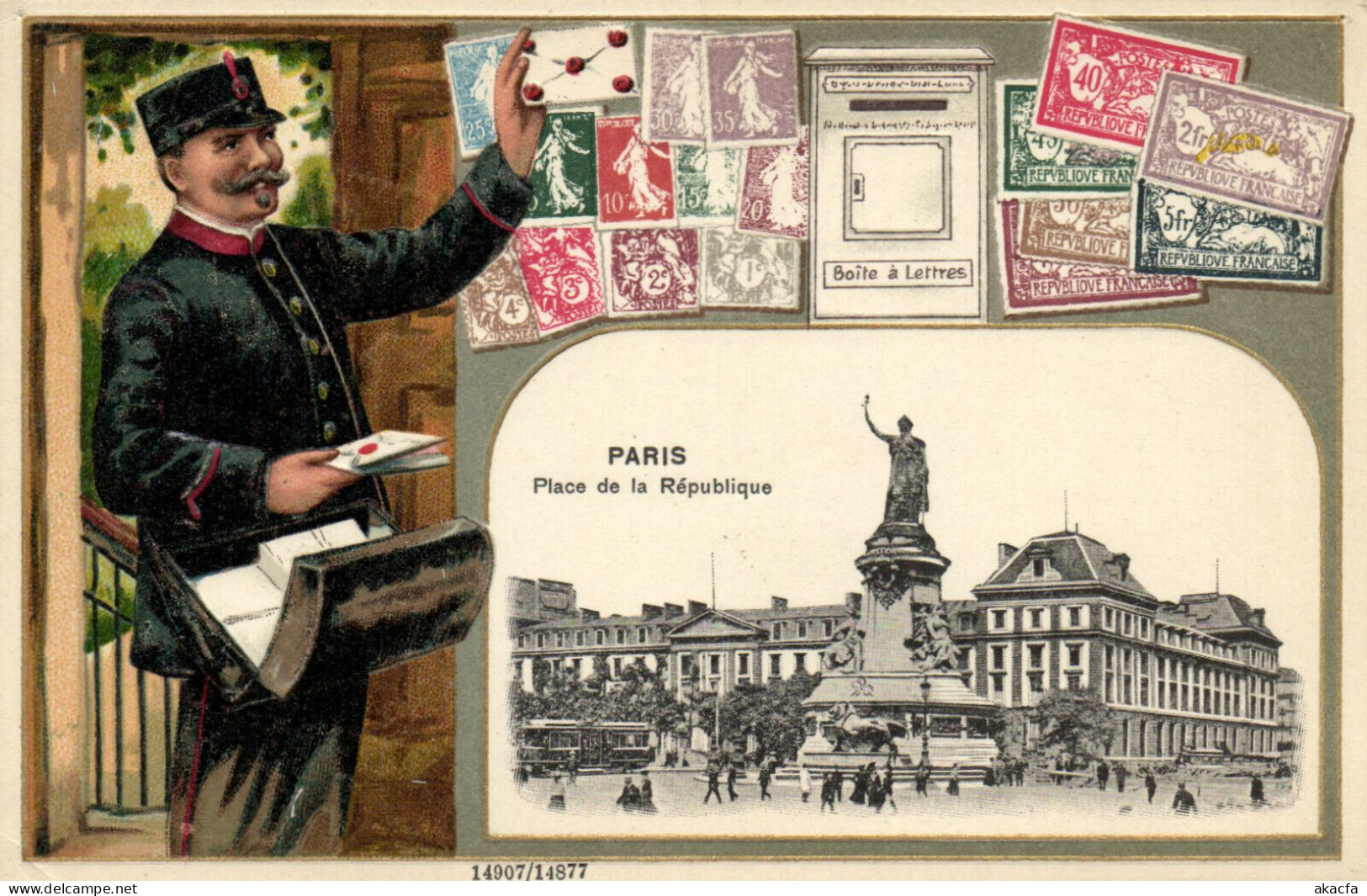 PC STAMPS, PARIS PLACE DE LA RÉPUBLIQUE, Vintage EMBOSSED Postcard (b47911) - Poste & Facteurs