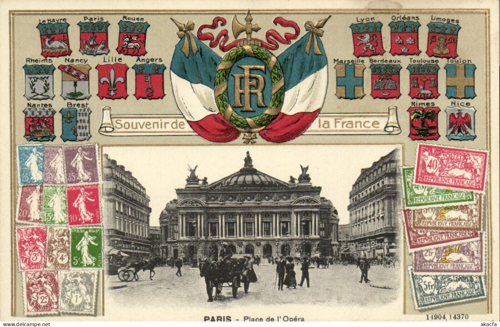 PC STAMPS, PARIS, PLACE DE L'OPERA, Vintage EMBOSSED Postcard (b47927) - Poste & Facteurs