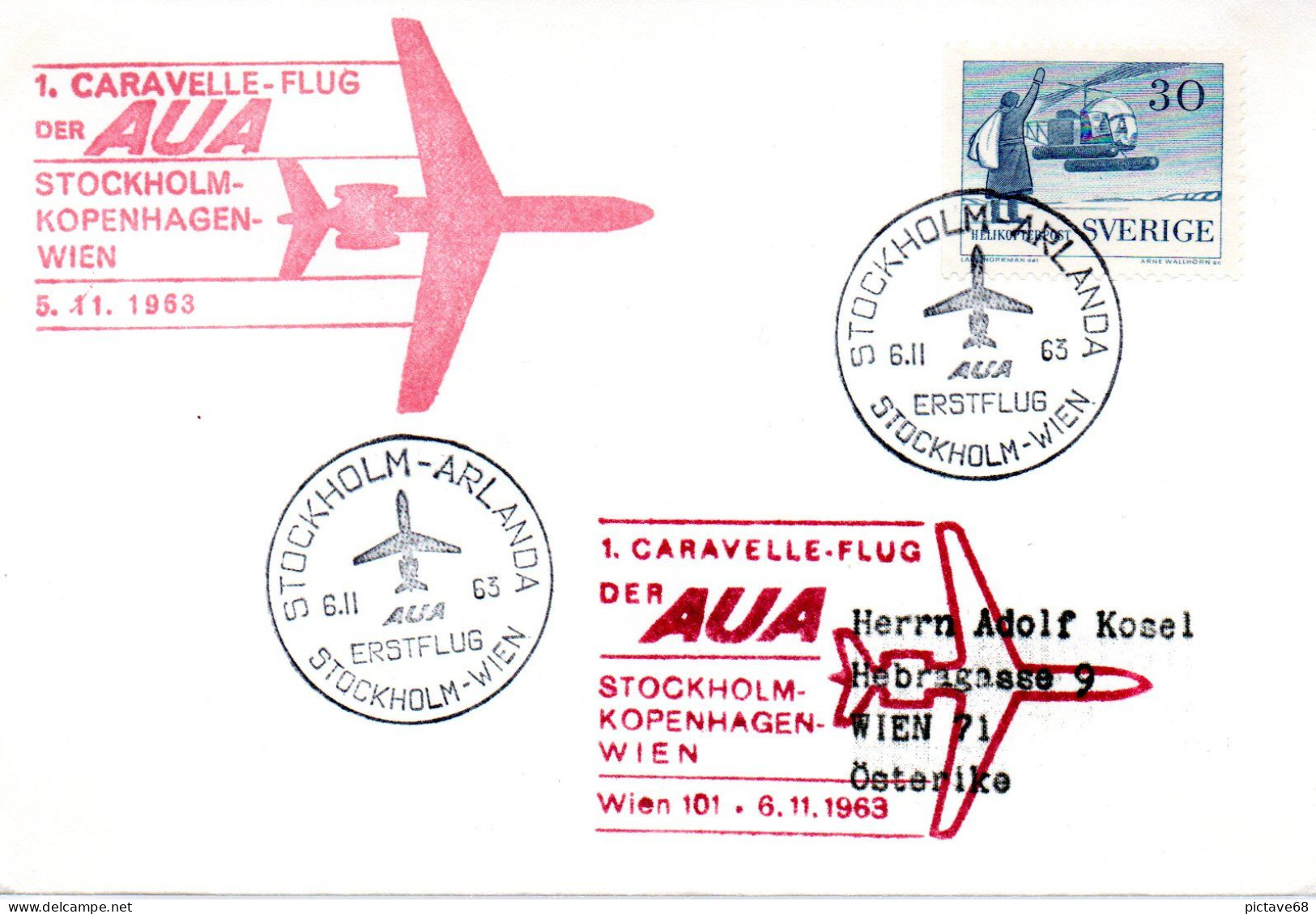 TRANSPORTS / AVIONS / 1er VOL EN CARAVELLE DE STOCKHOLM à WIEN Par COPENHAGUE 1963 - Aviones