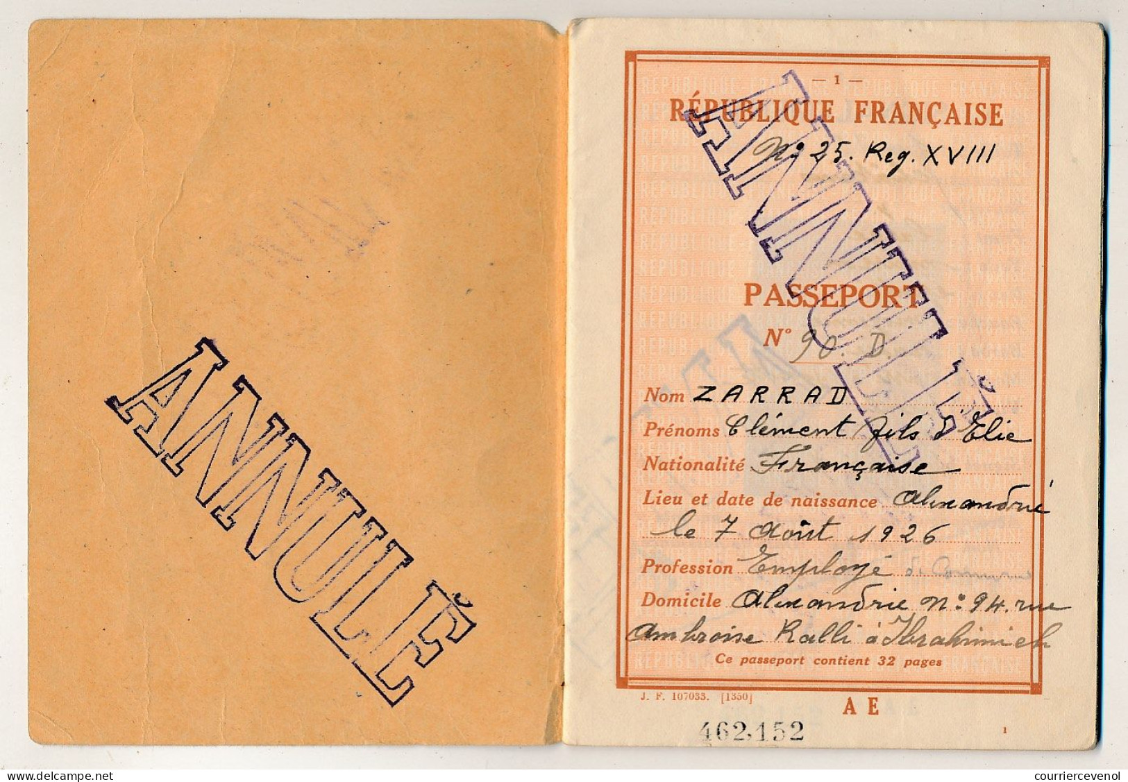 FRANCE - Passeport Délivré Par Le Consulat D'ALEXANDRIE (Egypte) - 1952/1956 - Fiscaux Type Daussy / Affaires étrangères - Brieven En Documenten