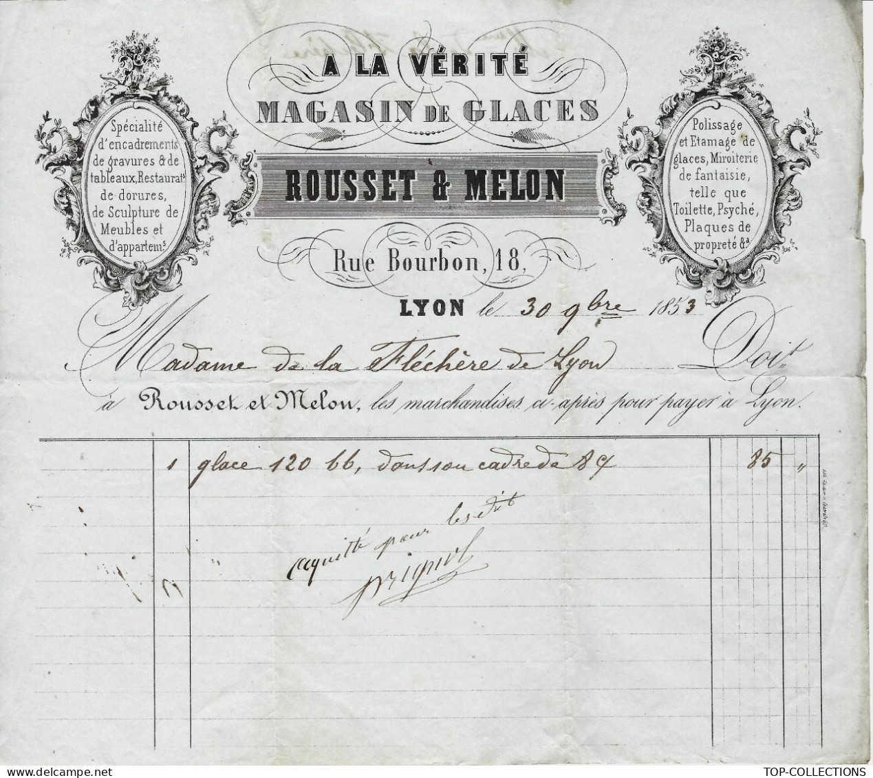 1853  AMEUBLEMENT GLACES ENCADREMENT « A La Vérité » Bousset & Melon à Lyon Pour Madame  (la Comtesse) De La Fléchère V. - 1800 – 1899