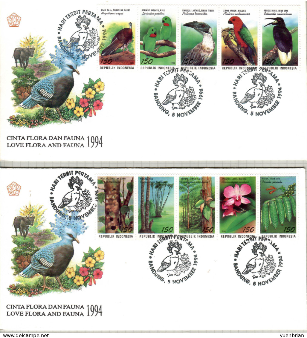 Indonesia 1994, Bird, Birds, 2x Stamp FDC - Perroquets & Tropicaux