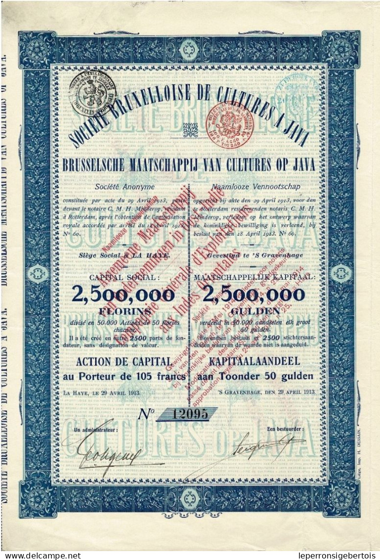 Titre De 1913 - Société Bruxelloise De Cultures à Java - Brusselsche Maatschappij Van Cultures Op Java - Agriculture