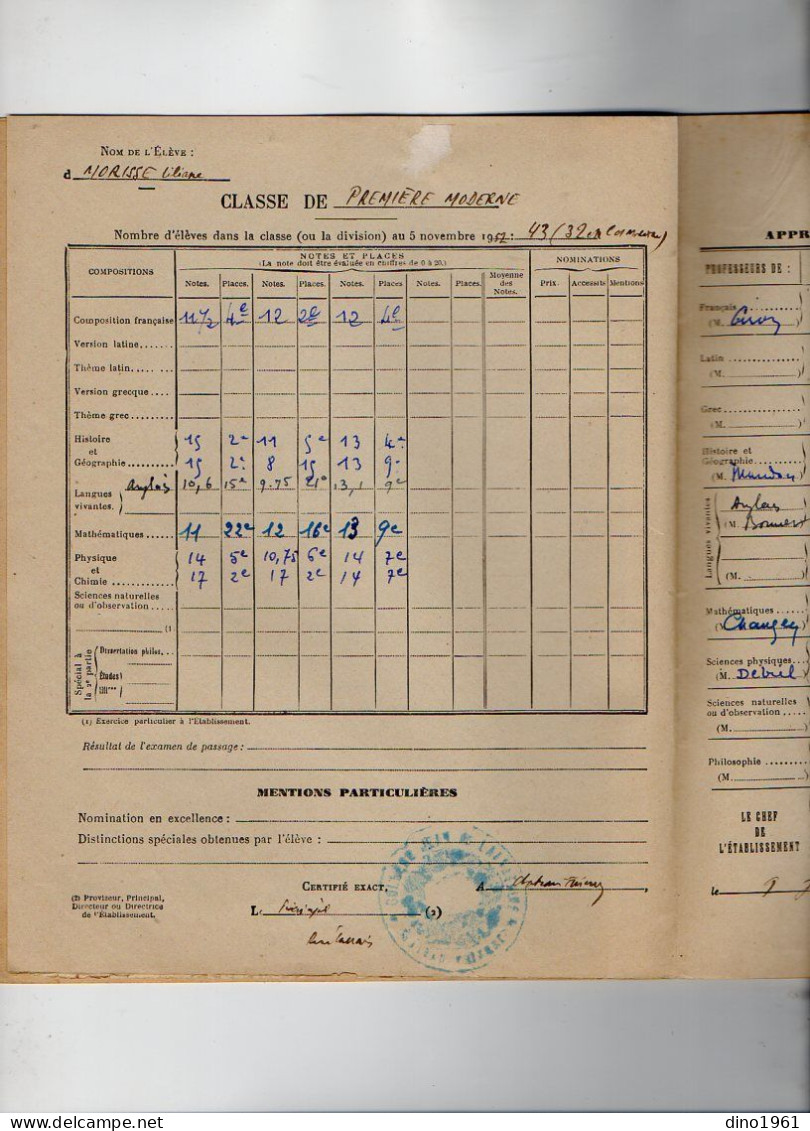 VP22.156 - 1951 - CHATEAU - THIERRY : Collège J. De LA FONTAINE & Lycée Mixte De MEAUX - Livret Scolaire Elève MORISSE - Diplômes & Bulletins Scolaires