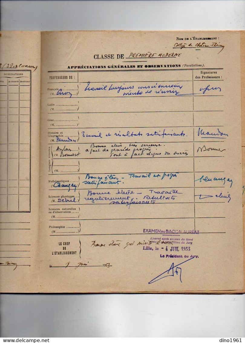 VP22.156 - 1951 - CHATEAU - THIERRY : Collège J. de LA FONTAINE & Lycée Mixte de MEAUX - Livret Scolaire Elève MORISSE