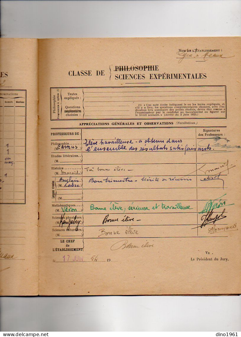 VP22.156 - 1951 - CHATEAU - THIERRY : Collège J. de LA FONTAINE & Lycée Mixte de MEAUX - Livret Scolaire Elève MORISSE