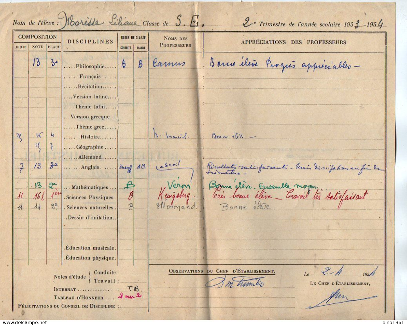 VP22.156 - 1951 - CHATEAU - THIERRY : Collège J. de LA FONTAINE & Lycée Mixte de MEAUX - Livret Scolaire Elève MORISSE