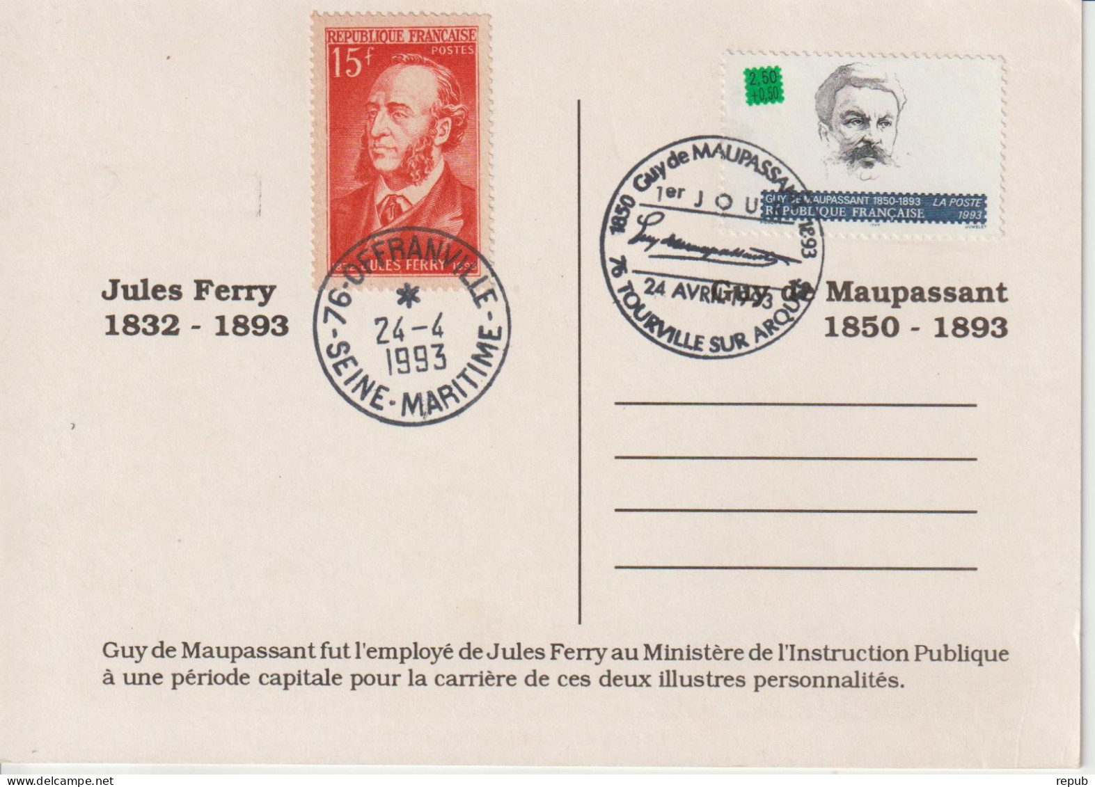 France FDC 1993 Maupassant 2799 Avec Association De J Ferry - 1990-1999