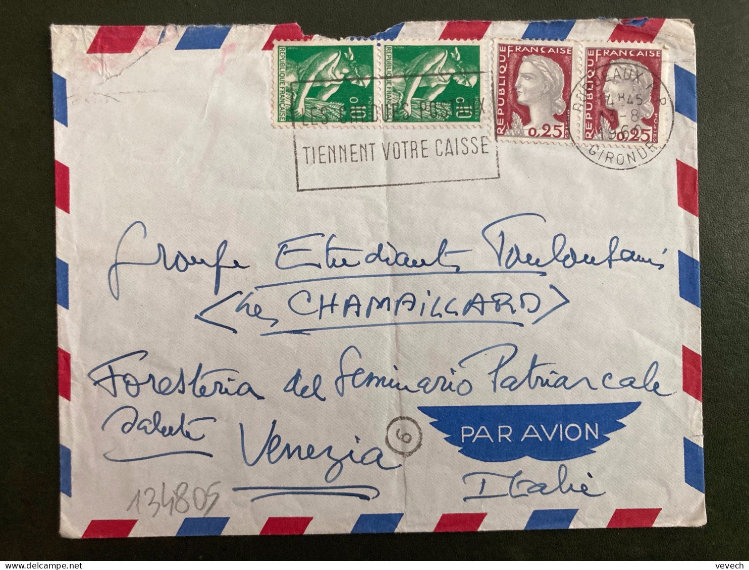 LETTRE Par Avion Pour ITALIE TP M. DE DECARIS 0,25 Paire + Paysanne 0,10 PAIRE OBL.MEC.13-8 1960 BORDEAUX RP GIRONDE (33 - 1960 Marianna Di Decaris