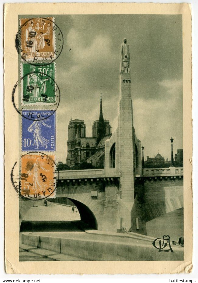 France 1933 Postcard Paris - Statue De Saint Genevieve Et Notre-Dame; Scott 160 & 164 Sower, 264 & 266 Peace - Statues