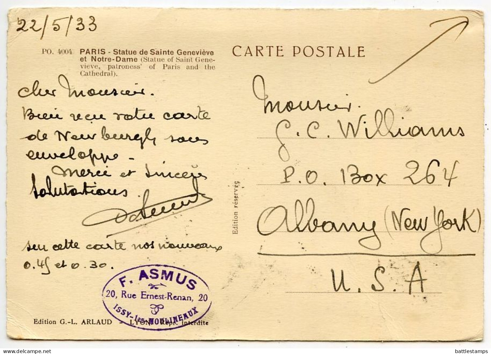 France 1933 Postcard Paris - Statue De Saint Genevieve Et Notre-Dame; Scott 160 & 164 Sower, 264 & 266 Peace - Statues