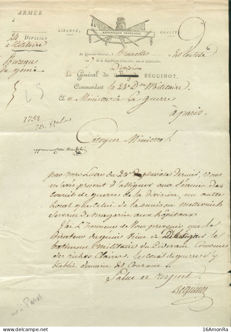 LAC De BRUXELLES Le 20 Ventôse AN 7 (10 Mars 1799) à En-tête Imprimé Du GENRAL De DIVISION BEGUINOT (1757-1808) Commanda - 1794-1814 (Période Française)