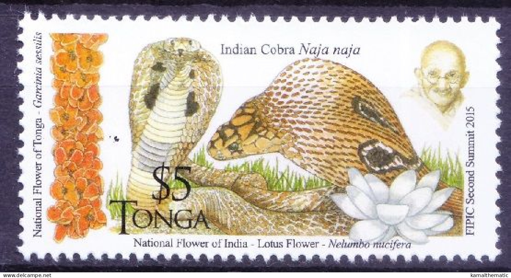 Tonga 2015 MNH, Gandhi, Indian Cobra, Reptiles, Lotus Flower - Serpents