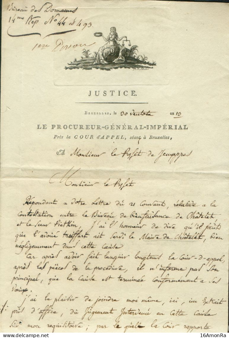 LAC  De BRUXELLES (griffe Rouge 94/BRUXELLES) Le 30 Ventôse AN 13 (21 Mars 1805) Avec Intérieur Imprimé (en-tête Illustr - 1794-1814 (Période Française)