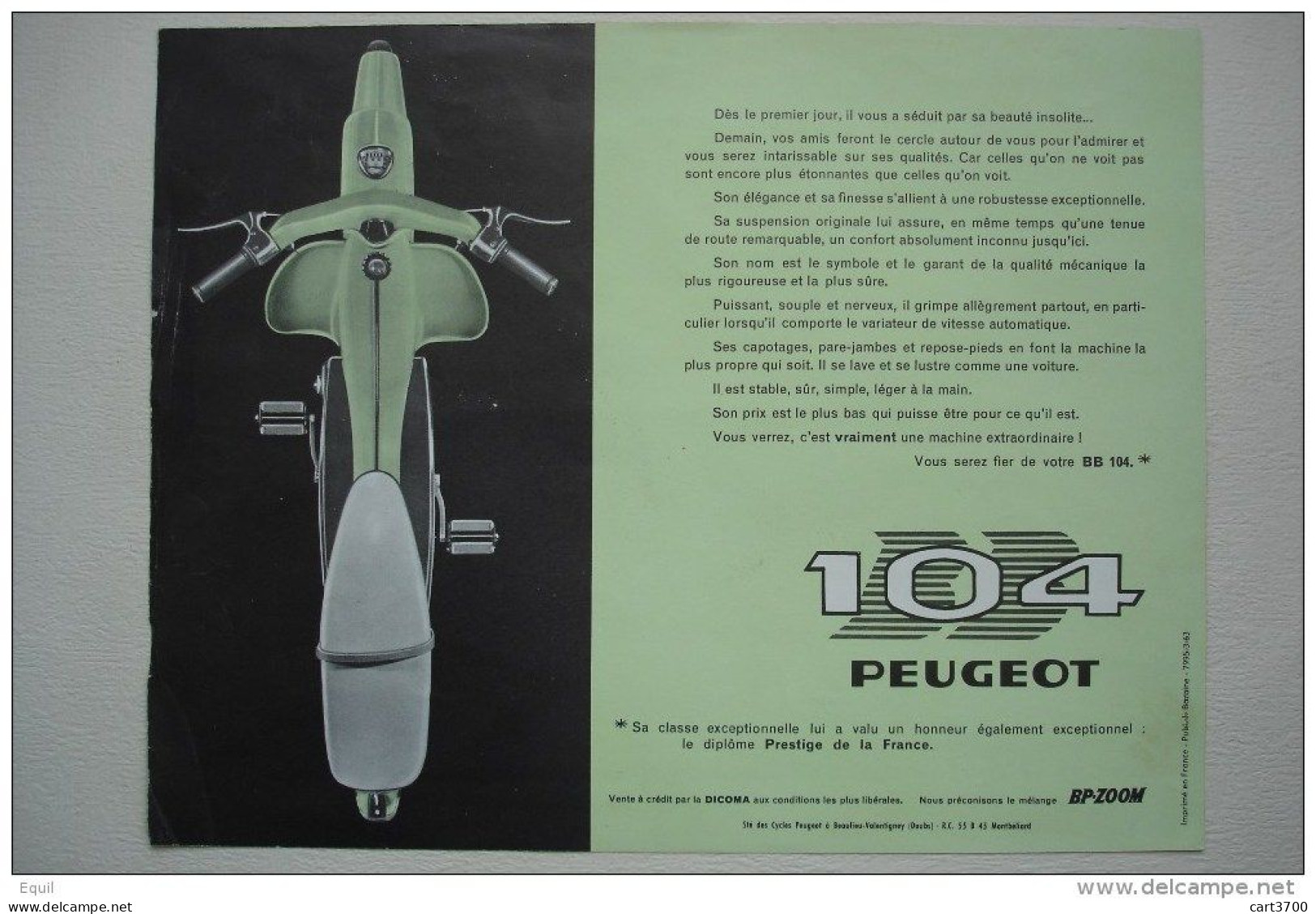 DOCUMENT PUBLICITAIRE CYCLOMOTEUR PEUGEOT BB 104 - Moto