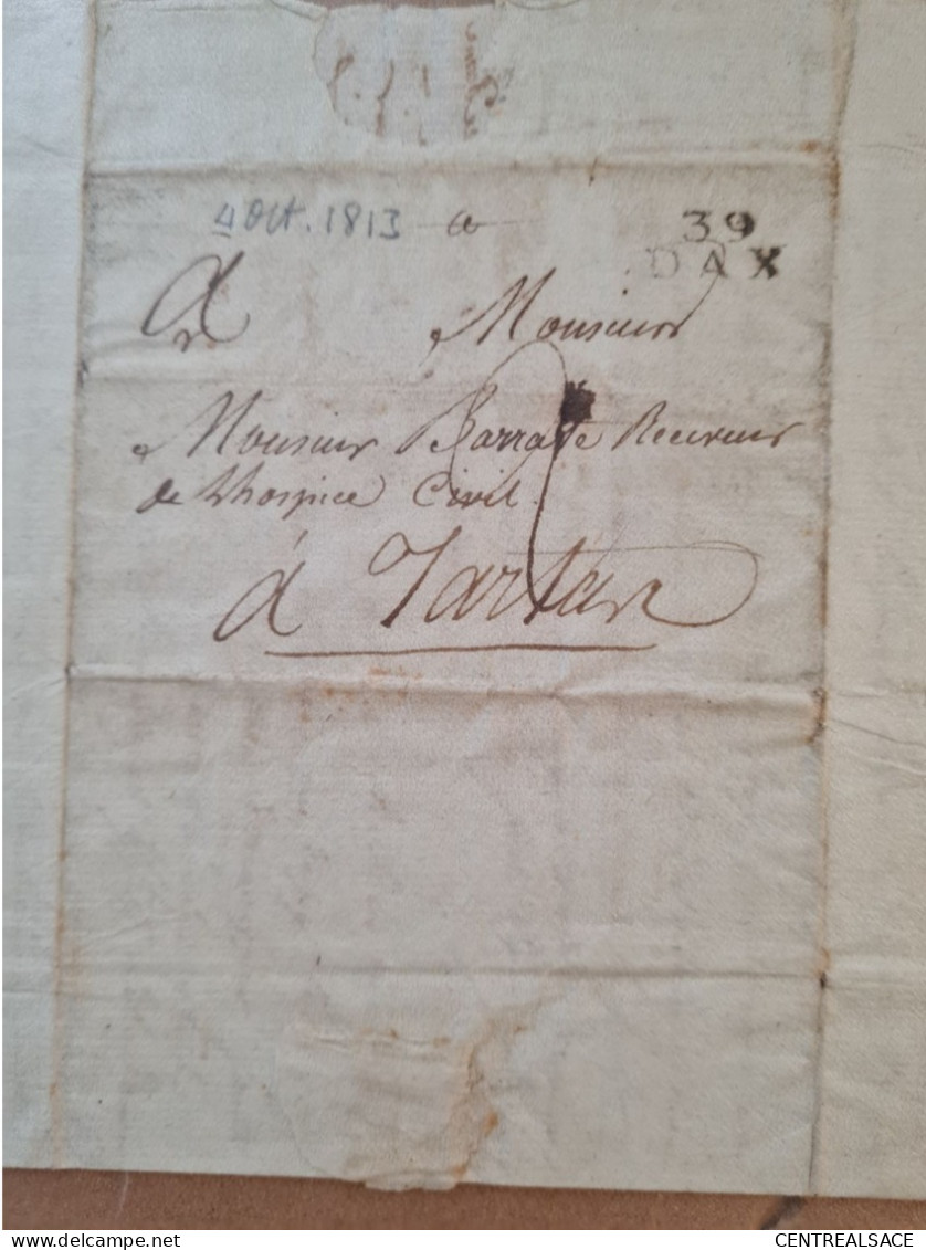 LETTRE DE POUILLON CACHET 39 DAX POUR HOSPCE CIVIL 1813 - Ohne Zuordnung