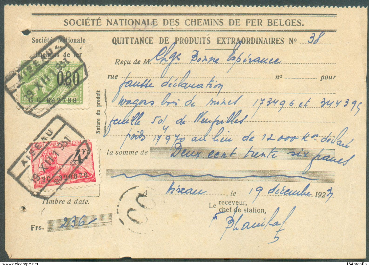 Quittance De La SNCB Affr. à 4,80 Frs Obl. Ferroviaire AISEAU Du 19-XII-1931 Pour La Somme De 236 Fr. - 21123 - Dokumente & Fragmente