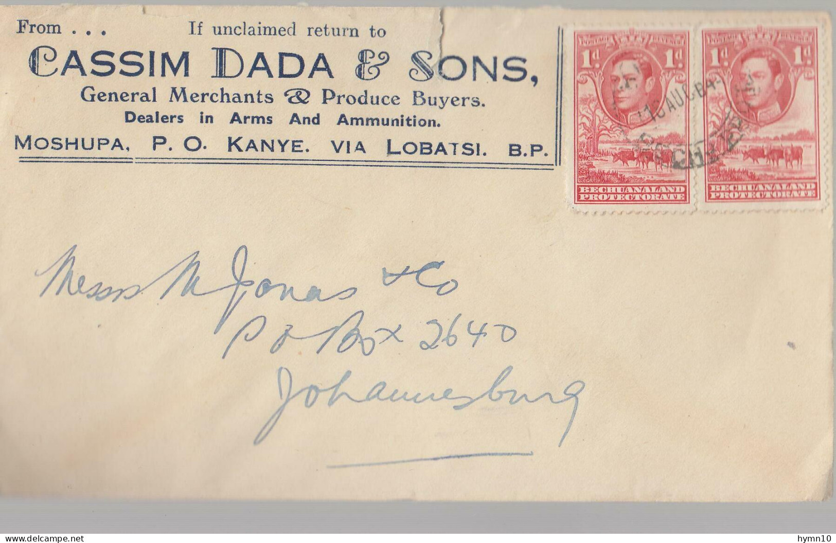 1913 BECHUANALAND PROTECTORATE Letter MOSHUPA To JOHANNESBURG+1 Dx2 KING+CASIM DADA Merchant ARMS+AMMUNITION-C79 - 1885-1964 Bechuanaland Protectorate