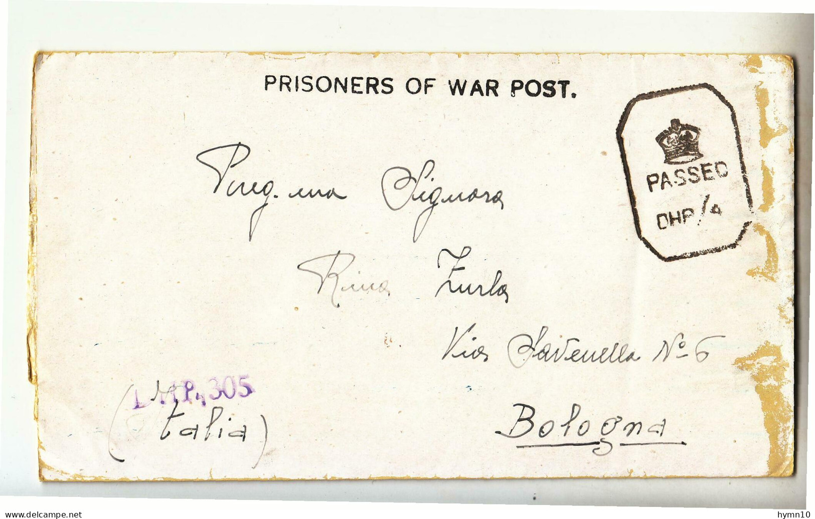 1945 POSTA PRIGIONIERI ITLAIANI Lettera PRIGIONIERO DI GUERRA Da BOMBEY/INDIA CAMP Nr.26/1 A BOLOGNA+timbro DHP/305-C77 - Franquicia Militar
