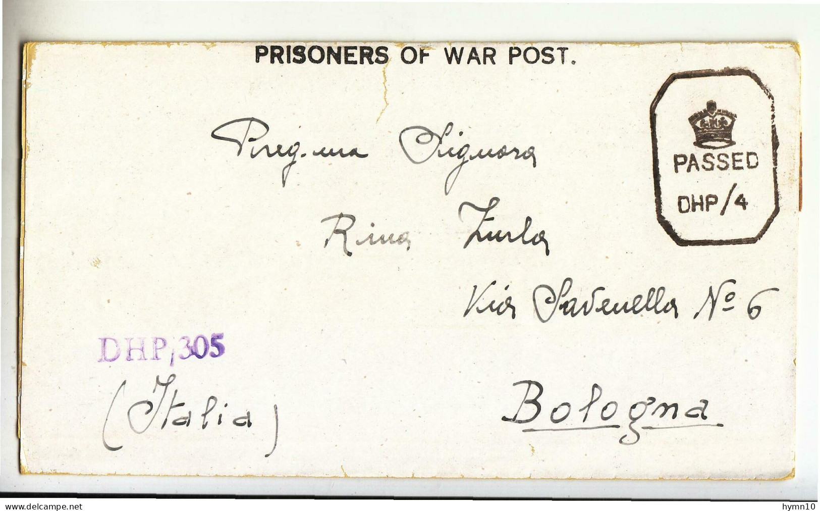 1945 POSTA PRIGIONIERI ITLAIANI Lettera PRIGIONIERO DI GUERRA Da BOMBEY/INDIA CAMP Nr.26/1 A BOLOGNA+timbro DHP/305-C78 - Franchigia Militare