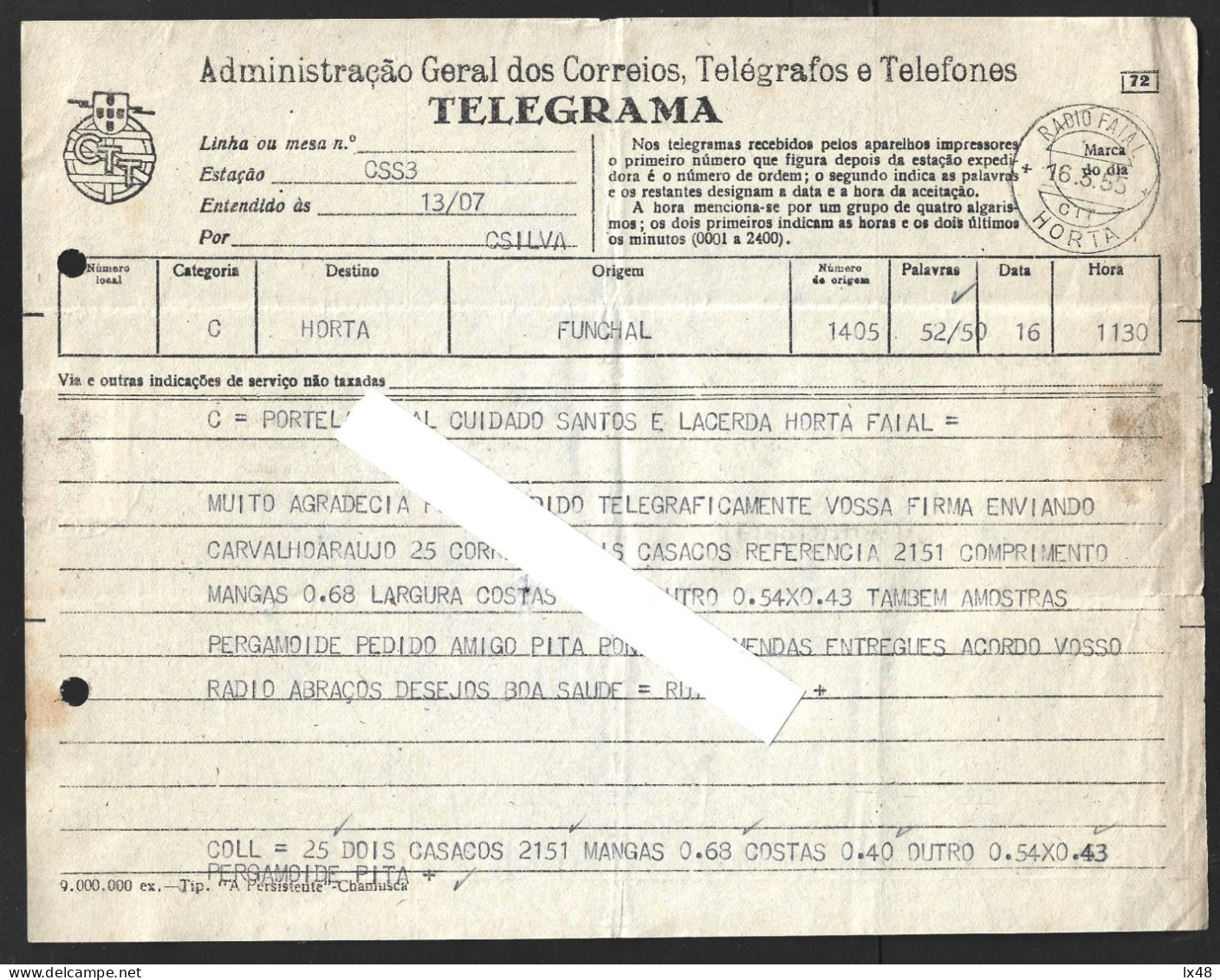 Telegrama Do Funchal Para A Horta Com Obliteração Do 'Rádio Faial CTT Horta 1955'. Telegram From Funchal To Horta With O - Briefe U. Dokumente