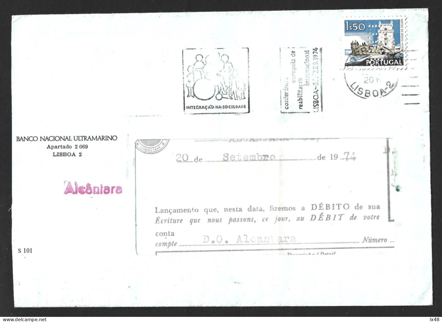 Letter With Perfin 'B N U' Banco Nacional Ultramarino On Torre De Belém Stamp In 1974. Letter From The Alcântara Agency, - Bank En Verzekering