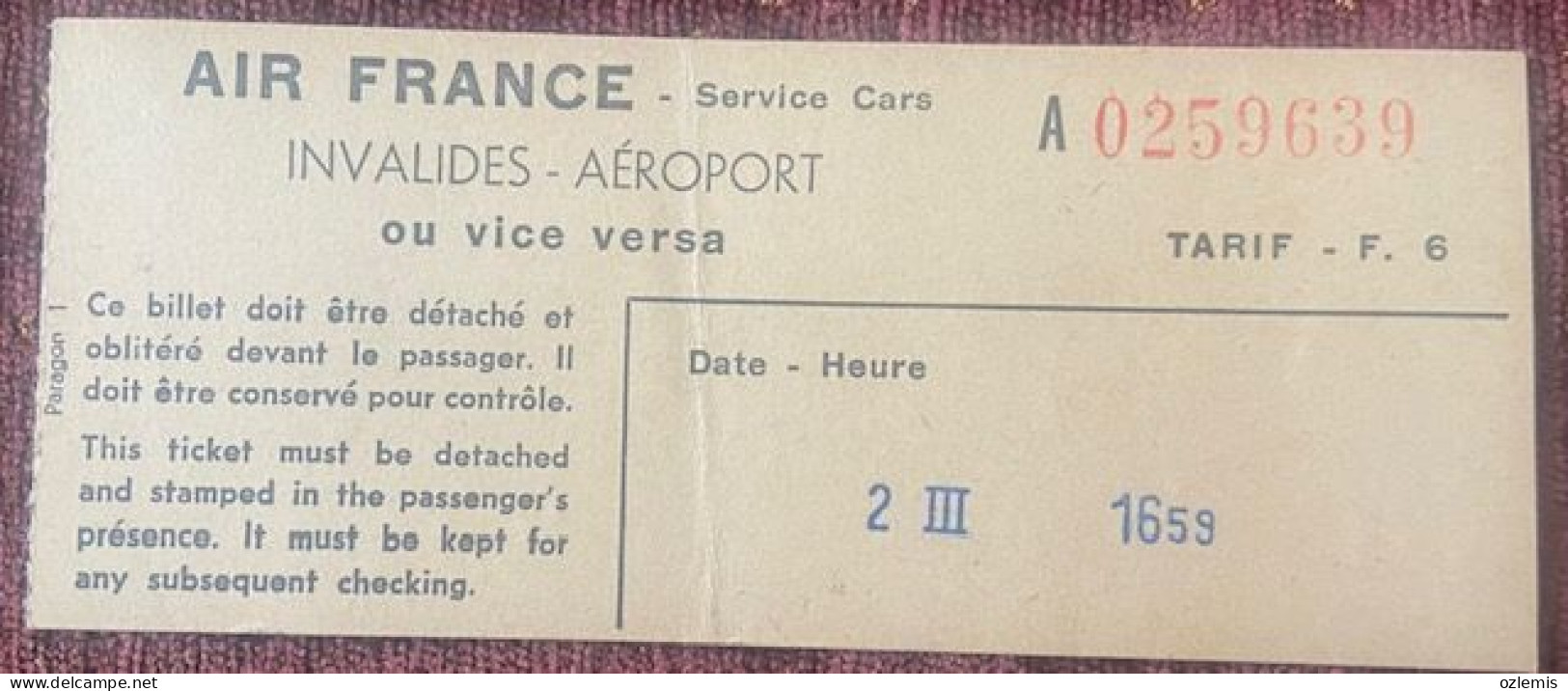 AIR FRANCE ,SERVICE CARS ,INVALIDES,AEROPORT,OU VICE VERSE,,TICKET - Sonstige & Ohne Zuordnung