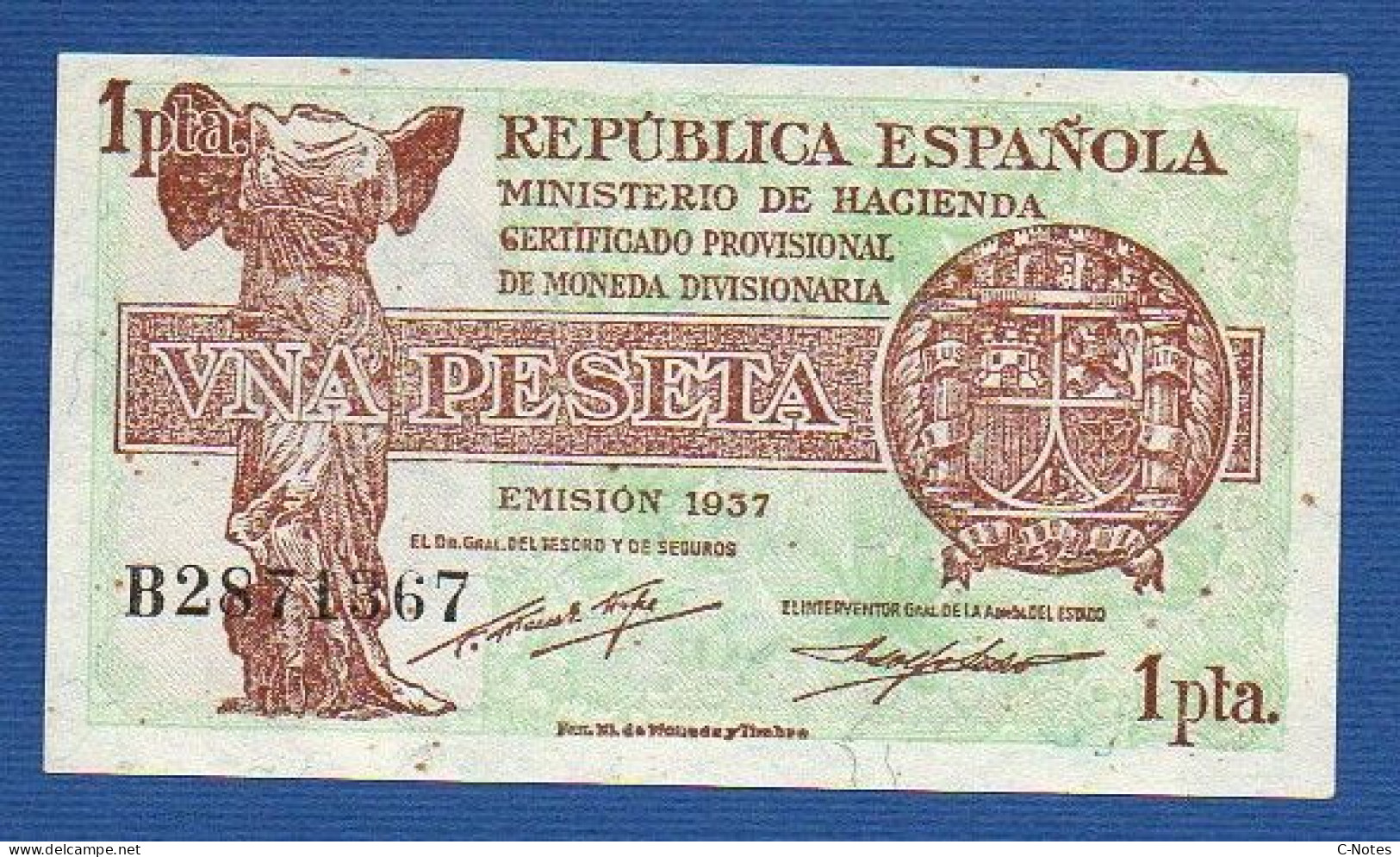 SPAIN - P. 94a – 1 PESETA 1937 AUNC, S/n B2871367 - 1-2 Pesetas