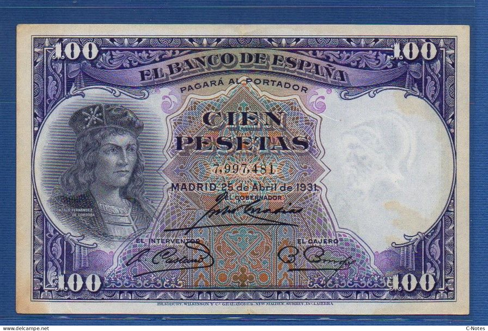 SPAIN - P. 83a – 100 Pesetas 1931 VF+, S/n 7,997,481 - 100 Pesetas