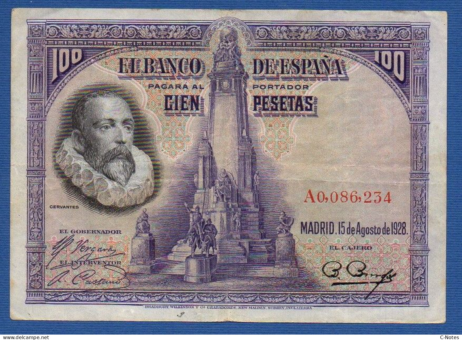 SPAIN - P. 76a – 100 Pesetas 1928 VF, S/n A0,086,234 - 100 Pesetas